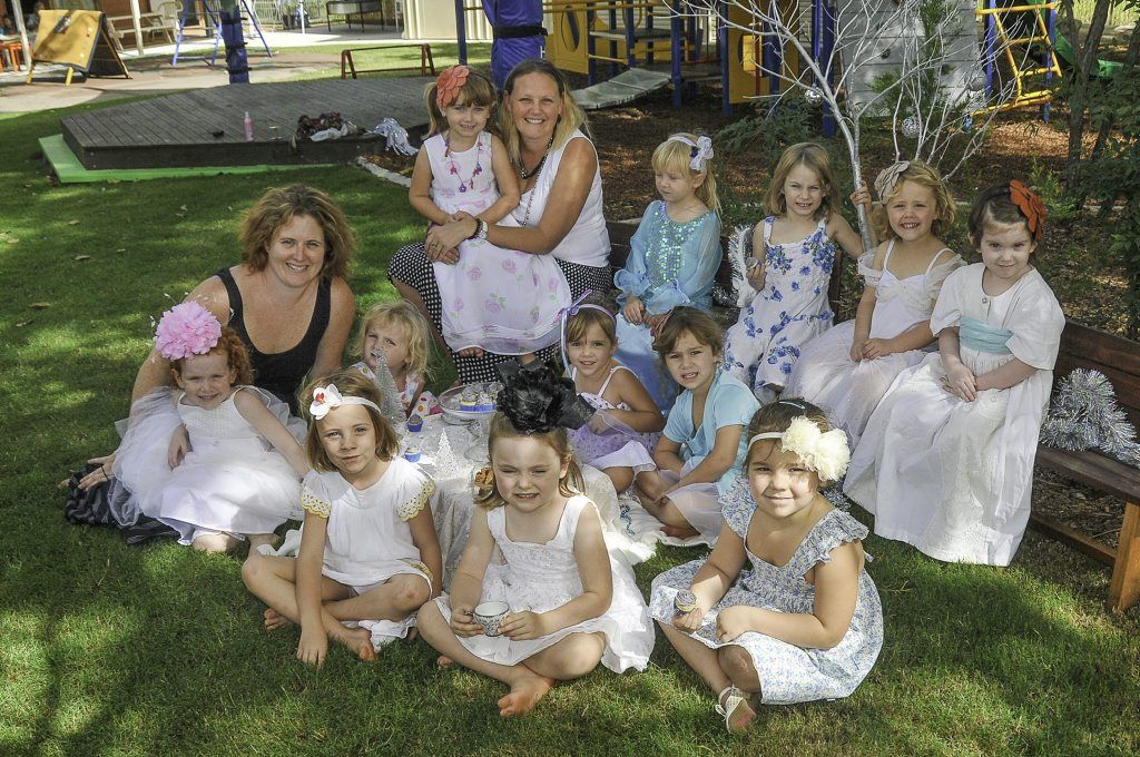 TEA PARTY: Organisers of the Kookaburra Creek Kindergarten annual tea party, Pattie Maughan and Jodie Logan, with the girls from the Green Group. TEA PARTY: Organisers of the Kookaburra Creek Kindergarten annual tea party, Pattie Maughan and Jodie Logan, with the girls from the Green Group.