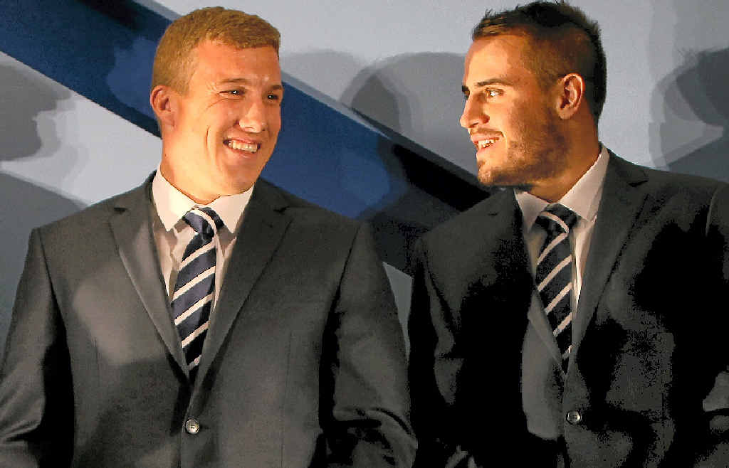 Bulldogs Trent Hodkinson and Josh Reynolds at the NSW team announcement in Sydney yesterday. Bulldogs Trent Hodkinson and Josh Reynolds at the NSW team announcement in Sydney yesterday.