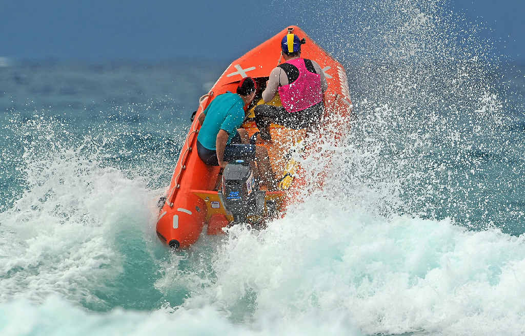 Tannum Sands Masters Inflatable Rescue Crew crew battles the rough conditions at Coolum. Photo Contributed Tannum Sands Masters Inflatable Rescue Crew crew battles the rough conditions at Coolum. Photo Contributed