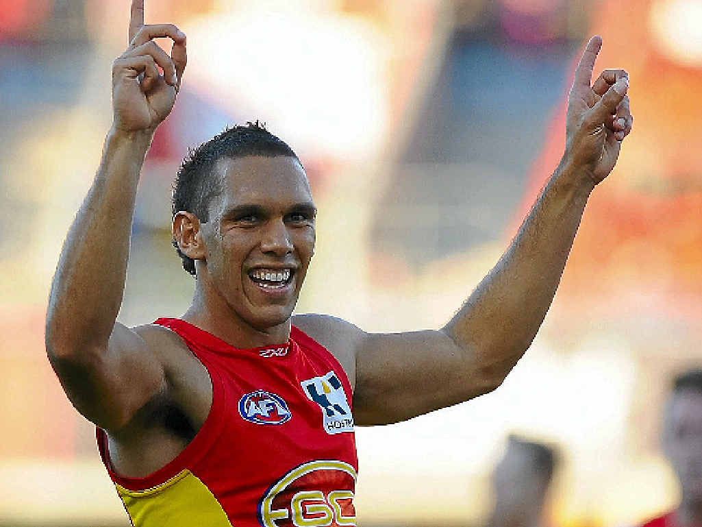 HARLEY RIDING HIGH: Harley Bennell celebrates the Suns’ sixth straight win, this time over the Bulldogs yesterday. HARLEY RIDING HIGH: Harley Bennell celebrates the Suns’ sixth straight win, this time over the Bulldogs yesterday.
