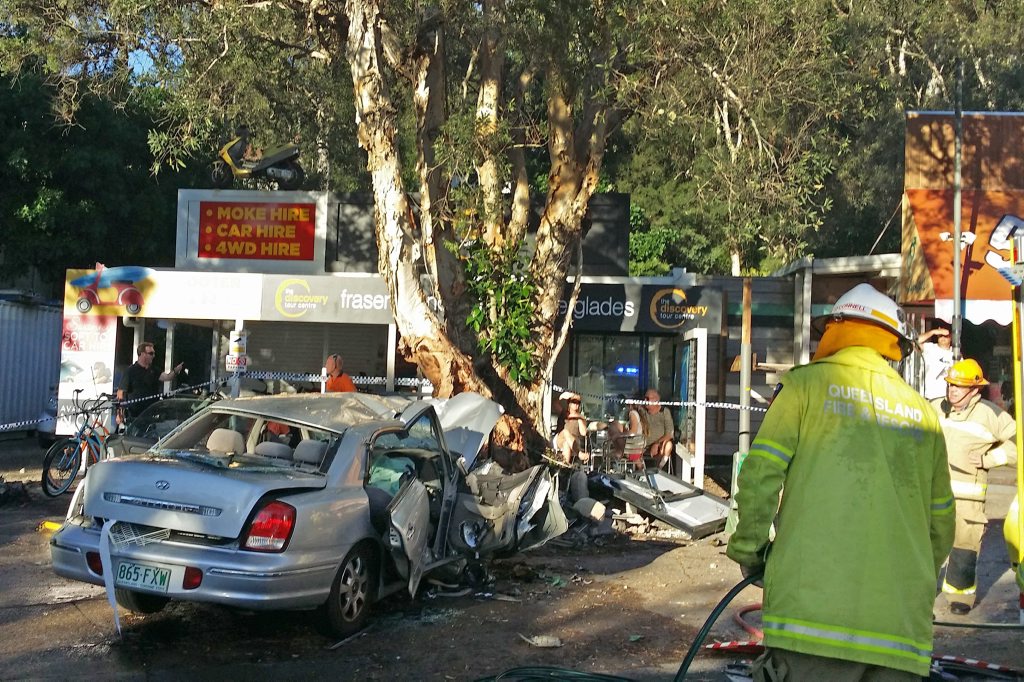 Scene of a crash on Noosa Drive where an elderly lady lost control of her Hyundai sedan, hitting two male backpackers and crashing into a tree. Scene of a crash on Noosa Drive where an elderly lady lost control of her Hyundai sedan, hitting two male backpackers and crashing into a tree.