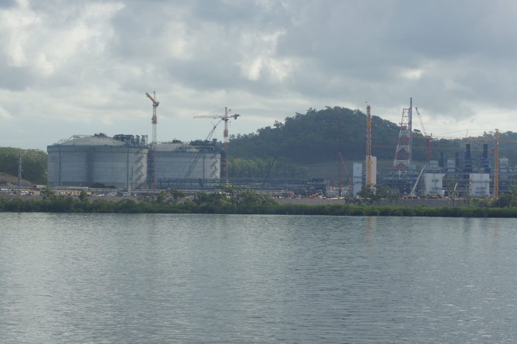 The GLNG site as seen from the quarterly construction cruise on Gladstone harbour. The GLNG site as seen from the quarterly construction cruise on Gladstone harbour.