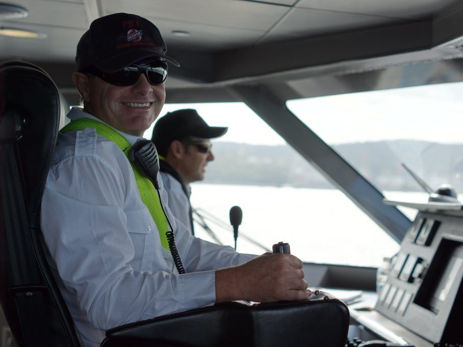 Ian Plath, master, and Craig Hughes, engineers, steering the Transit Systems Capricornian Spirit for the quarterly construction cruise on Gladstone harbour. Ian Plath, master, and Craig Hughes, engineers, steering the Transit Systems Capricornian Spirit for the quarterly construction cruise on Gladstone harbour.