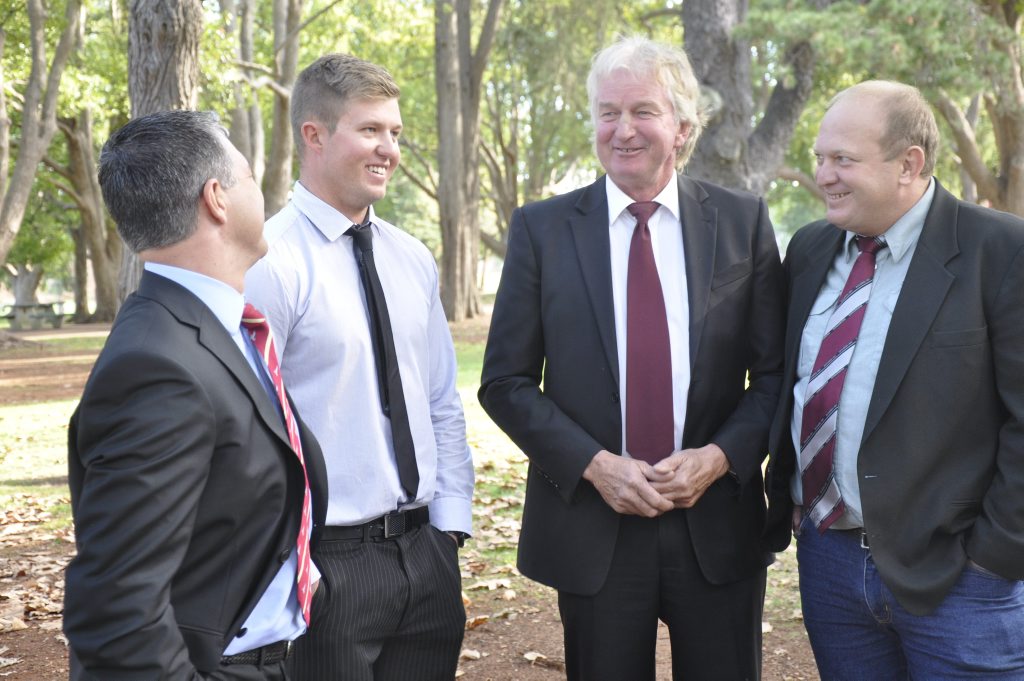 Discussing a Katter's Australian Party announcement in Queens Park are (from left) Member for Mount Isa Rob Katter, KAP candidate for the seat of Condamine Ben Hopper, Candidate for the seat of Nanango Ray Hopper and Member for Dalrymple Shane Knuth. Discussing a Katter's Australian Party announcement in Queens Park are (from left) Member for Mount Isa Rob Katter, KAP candidate for the seat of Condamine Ben Hopper, Candidate for the seat of Nanango Ray Hopper and Member for Dalrymple Shane Knuth.