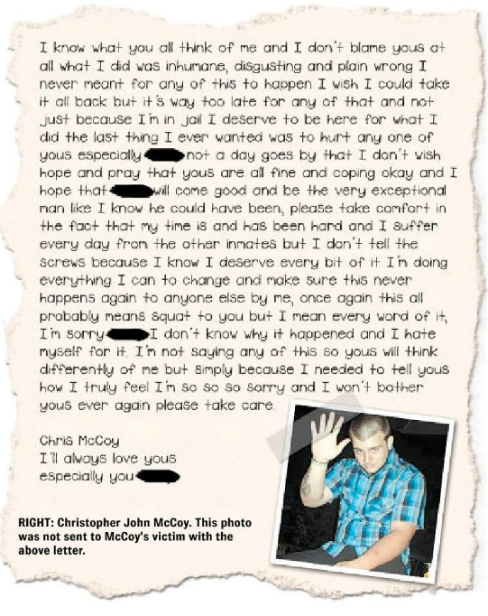 Christopher John McCoy's letter to his victim. Christopher John McCoy's letter to his victim.