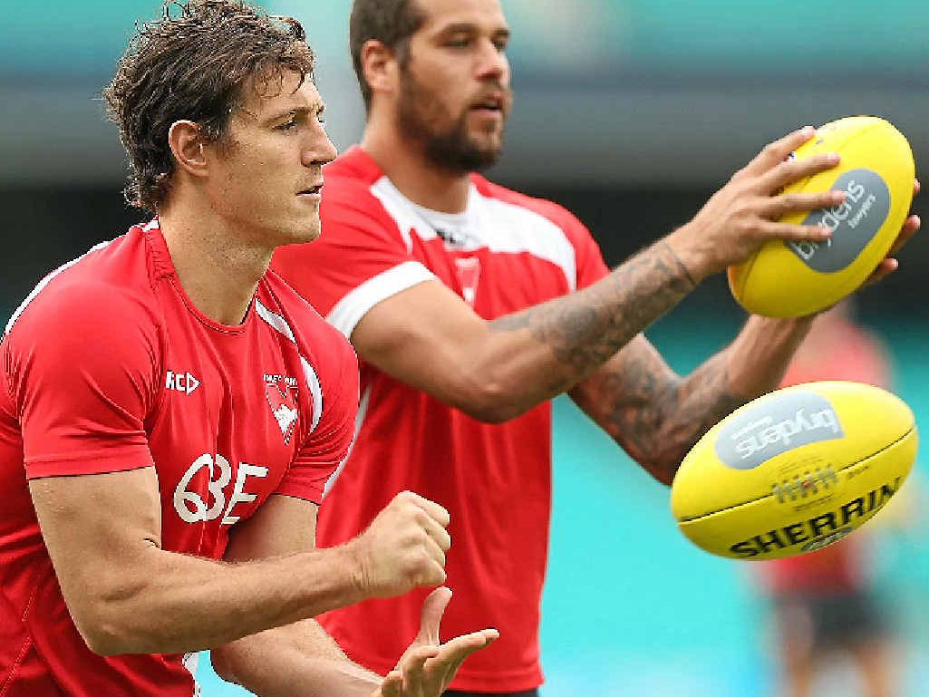 Kurt Tippett and Lance Franklin handball during a Sydney Swans AFL training session. The Sydney stars will line up together for the first time at the SCG tonight. Kurt Tippett and Lance Franklin handball during a Sydney Swans AFL training session. The Sydney stars will line up together for the first time at the SCG tonight.