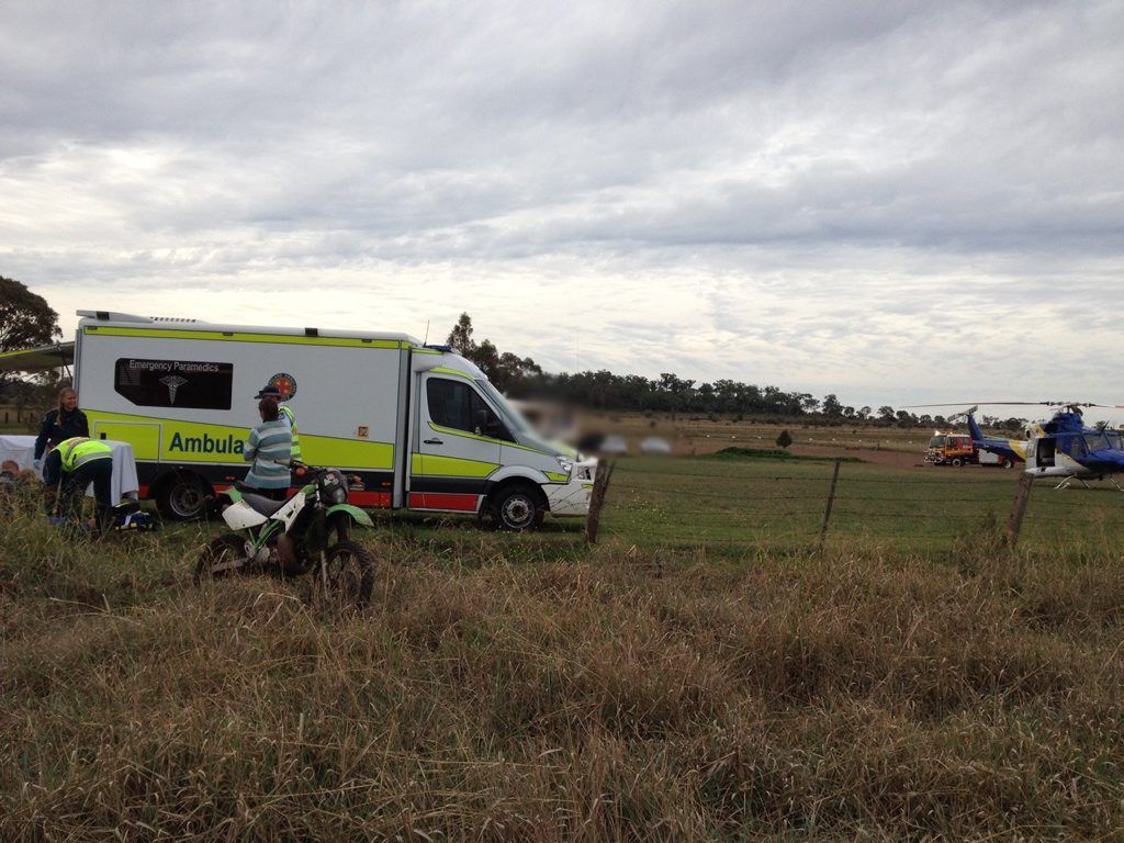 A DIRT bike rider was flown to hospital after crashing into a barbed wire fence on Kingsthorpe Haden Rd property at Boodua. A DIRT bike rider was flown to hospital after crashing into a barbed wire fence on Kingsthorpe Haden Rd property at Boodua.