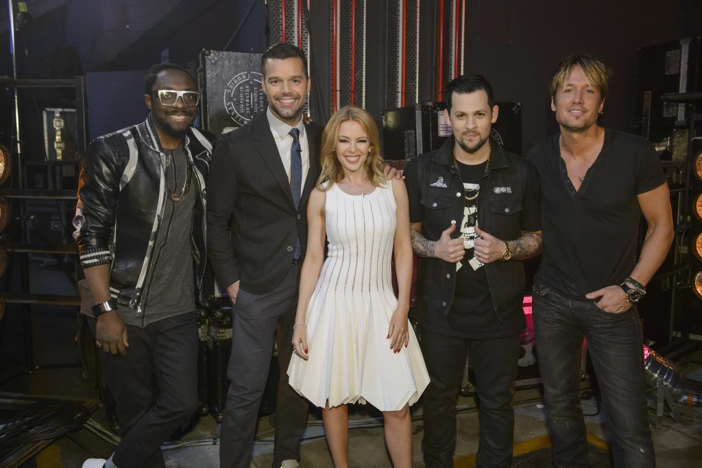 Keith Urban, far right, pictured with The Voice Australia season 3 coaches, from left, will.i.am, Ricky Martin, Kylie Minogue and Joel Madden. Keith Urban, far right, pictured with The Voice Australia season 3 coaches, from left, will.i.am, Ricky Martin, Kylie Minogue and Joel Madden.