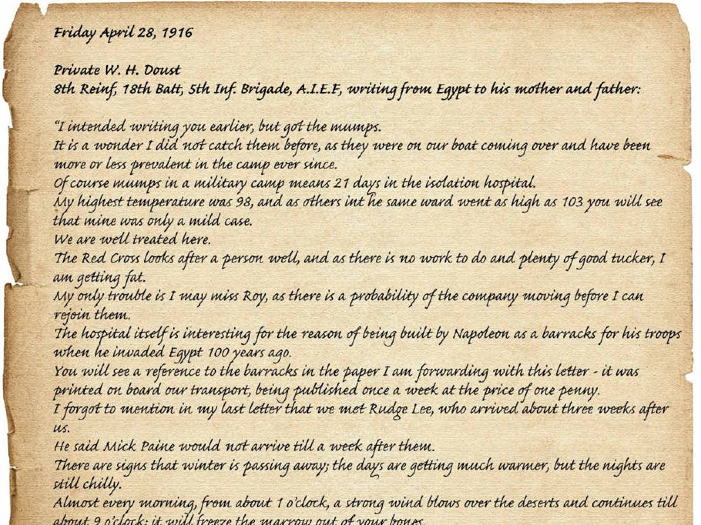 FOUND AGAIN: Private Willie Doust wrote to his parents just before being killed in action in France in 1916. FOUND AGAIN: Private Willie Doust wrote to his parents just before being killed in action in France in 1916.