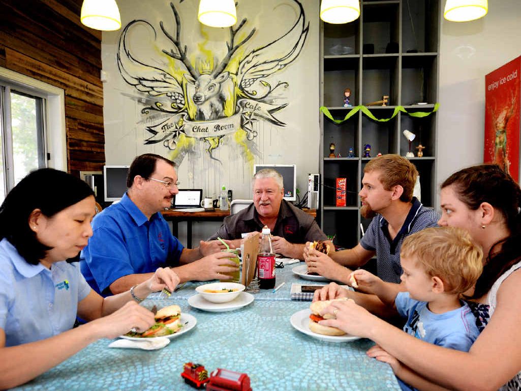 COMMUNITY CARE: From left, Jessica Gnawn, Brett Wilson, Chris Ganter, and Richard, Kathryn and Jonah Carpenter from the Rockhampton Baptist Church enjoy their meals at the newly opened Chat Room Café which also helps those in need. COMMUNITY CARE: From left, Jessica Gnawn, Brett Wilson, Chris Ganter, and Richard, Kathryn and Jonah Carpenter from the Rockhampton Baptist Church enjoy their meals at the newly opened Chat Room Café which also helps those in need.