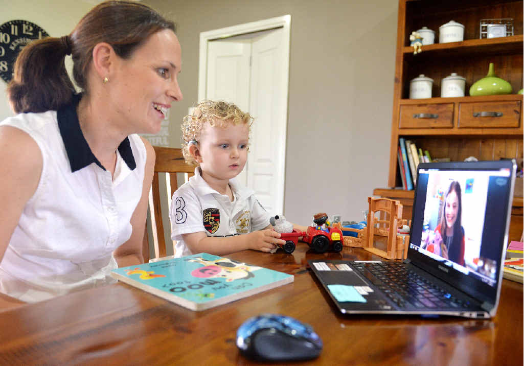HEAR AND SAY: Sally and Fletcher Tudor go online at home with his speech therapist Elise. The program is proving very effective to stimulate his audio and verbal development. HEAR AND SAY: Sally and Fletcher Tudor go online at home with his speech therapist Elise. The program is proving very effective to stimulate his audio and verbal development.