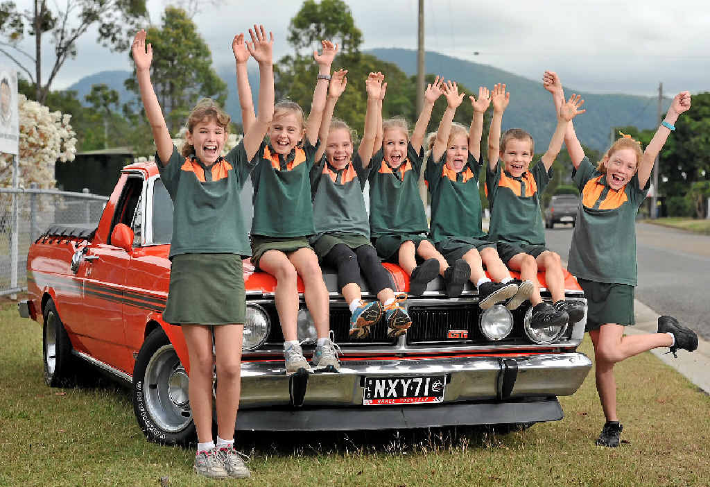 READY TO RACE: (From left) Natasha Bahnisch, 10, Chloe Bahnisch, 9, Katie Windsor, 9, Charlotte Spencer, 6, Charli Baker, 5, Lewis Windsor, 5, Sarah Windsor, 11, are ready for The Great Yarwun Valley Rally. READY TO RACE: (From left) Natasha Bahnisch, 10, Chloe Bahnisch, 9, Katie Windsor, 9, Charlotte Spencer, 6, Charli Baker, 5, Lewis Windsor, 5, Sarah Windsor, 11, are ready for The Great Yarwun Valley Rally.