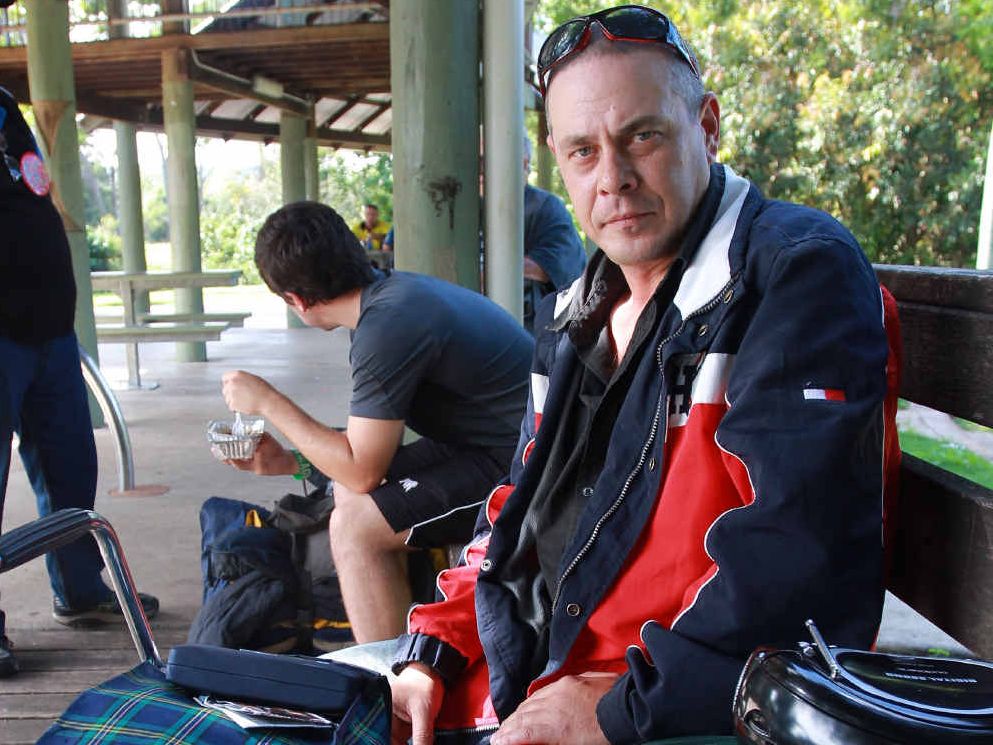 HOME-COOKING: Homeless man Paul Hobbs has lunch in Quota Park in Nambour, which is provided every Thursday for the homeless and the needy by Sundale Nursing Home in conjunction with The Shack. HOME-COOKING: Homeless man Paul Hobbs has lunch in Quota Park in Nambour, which is provided every Thursday for the homeless and the needy by Sundale Nursing Home in conjunction with The Shack.