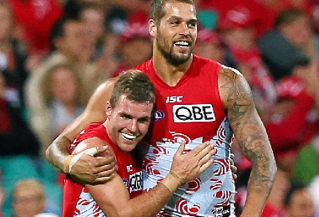 TOGETHER AGAIN: The Swans’ Ben McGlynn and Lance Franklin celebrate a goal against Geelong at the SCG last week. TOGETHER AGAIN: The Swans’ Ben McGlynn and Lance Franklin celebrate a goal against Geelong at the SCG last week.