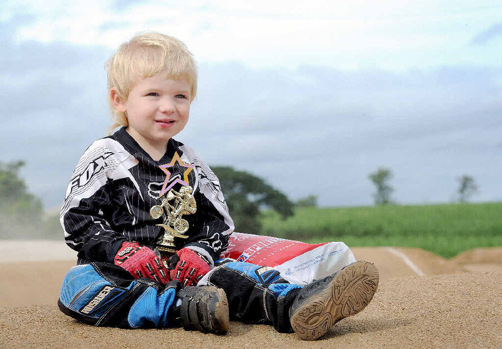 Mini Wheeler Levi Bayntun, 2, clutches his impressive trophy at the BMX Club’s Maryborough Classic. Mini Wheeler Levi Bayntun, 2, clutches his impressive trophy at the BMX Club’s Maryborough Classic.