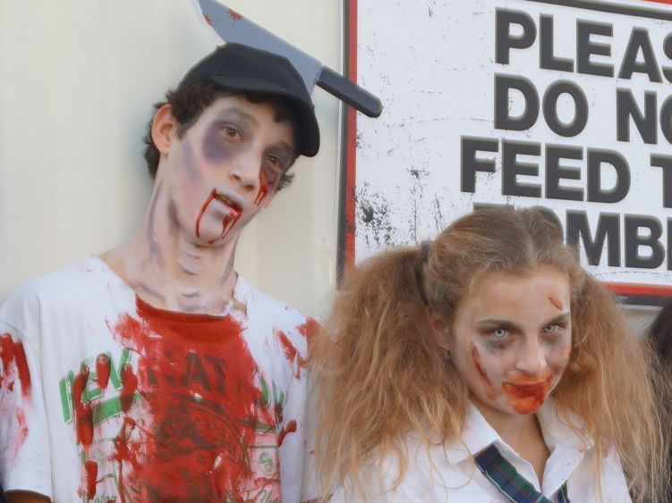 Jacob Cameron and Bridgette Langston practicing their zombie look in preparation for the inaugural Toowoomba Zombie Walk.