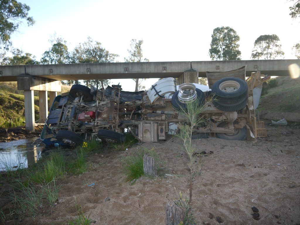The driver was killed when the cement truck he was driving rolled off a bridge in Rawbelle, west of Monto on Tuesday afternoon. The driver was killed when the cement truck he was driving rolled off a bridge in Rawbelle, west of Monto on Tuesday afternoon.