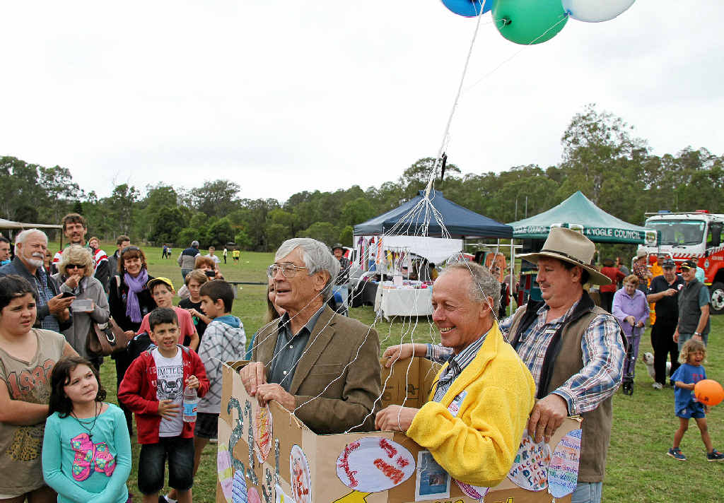 SKY’S THE LIMIT: Dick Smith and John Wallington with a balloon made by school students for the 21st anniversary of their first hot air balloon crossing. SKY’S THE LIMIT: Dick Smith and John Wallington with a balloon made by school students for the 21st anniversary of their first hot air balloon crossing.