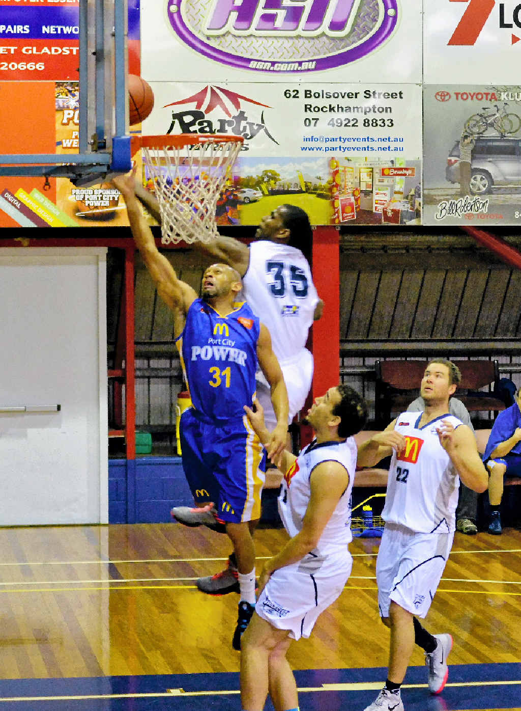 UP HIGH: Cardell MacFarland jumps to shoot during the men’s Gladstone Power against Rockhampton basketball game at Kev Broome Stadium. UP HIGH: Cardell MacFarland jumps to shoot during the men’s Gladstone Power against Rockhampton basketball game at Kev Broome Stadium.