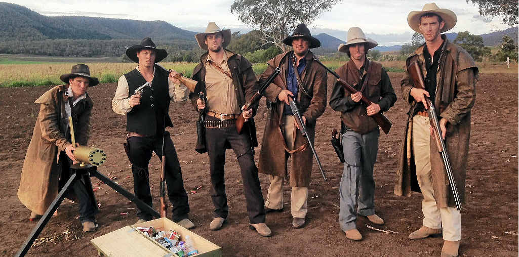 SHOOTING STARS: Local blokes Nathan Watt, Dylan Watt, Chris McGahan, Walter Mapes, Blake Doro and Chris Thornton get in character for the upcoming movie produced by Chris Mauch. SHOOTING STARS: Local blokes Nathan Watt, Dylan Watt, Chris McGahan, Walter Mapes, Blake Doro and Chris Thornton get in character for the upcoming movie produced by Chris Mauch.