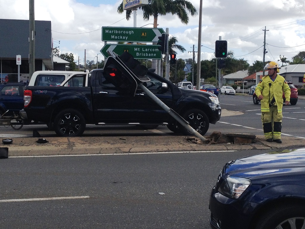 A 4WD involved in a crash on the corner of Fitzroy and George Sts which also involved a road train. A 4WD involved in a crash on the corner of Fitzroy and George Sts which also involved a road train.