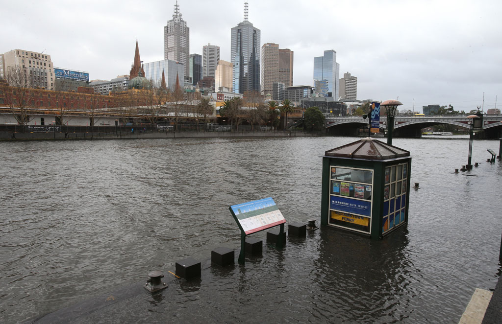 A flooded ferry terminal on the banks of the Yarra river in Melbourne, Tuesday, June 24. 2014. Extreme weather with strong winds has been hitting Melbourne and parts of Victoria. A flooded ferry terminal on the banks of the Yarra river in Melbourne, Tuesday, June 24. 2014. Extreme weather with strong winds has been hitting Melbourne and parts of Victoria.