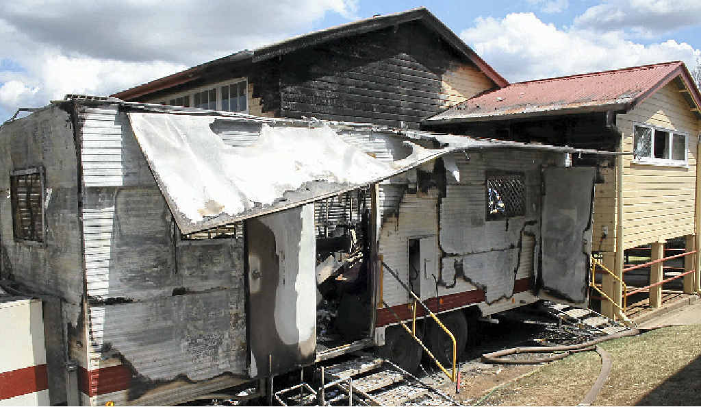 FIRE AFTERMATH: The mobile dental van destroyed in a fire at Gatton State School. FIRE AFTERMATH: The mobile dental van destroyed in a fire at Gatton State School.