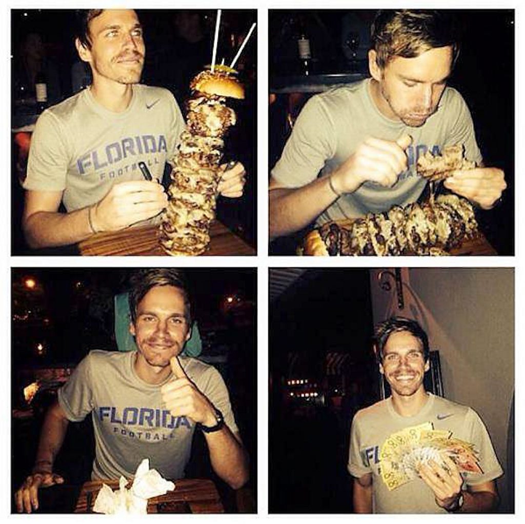 A stranger bet Alex Canavan $1000 that he couldn't finish a 15-pattie burger at restaurant Ze Pickle. Alex is now a grand richer but won't live as long. Photo: Contributed A stranger bet Alex Canavan $1000 that he couldn't finish a 15-pattie burger at restaurant Ze Pickle. Alex is now a grand richer but won't live as long. Photo: Contributed