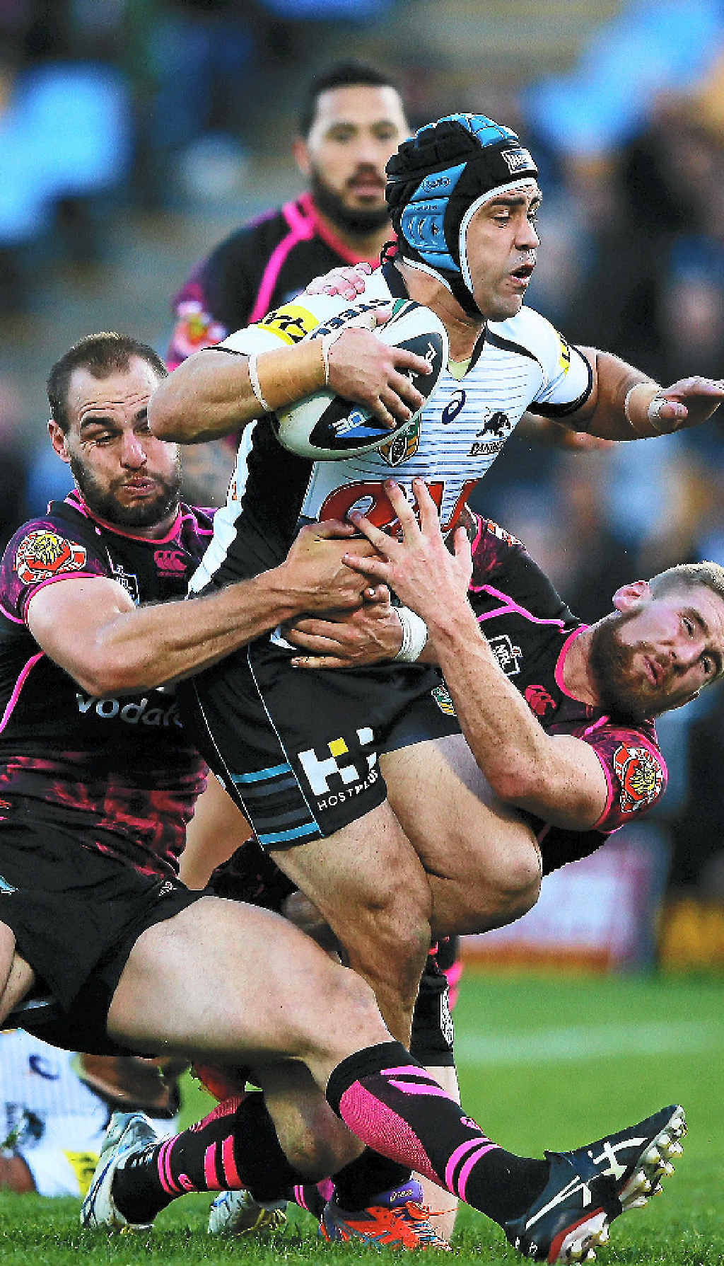 Jamie Soward of the Panthers charges forward against the Warriors yesterday. Jamie Soward of the Panthers charges forward against the Warriors yesterday.