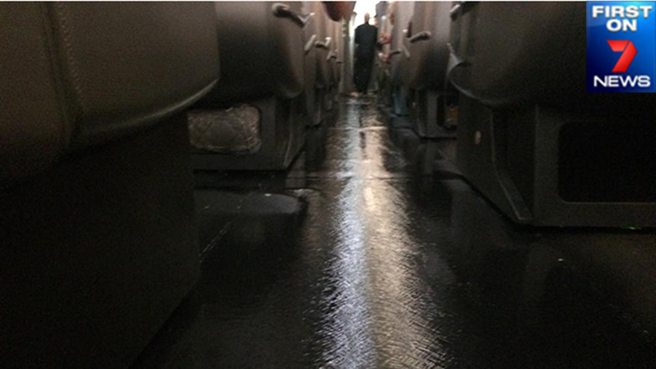 A photo from within the plane showing the water leak on the Qantas flight. Photo: Seven News / Twitter A photo from within the plane showing the water leak on the Qantas flight. Photo: Seven News / Twitter