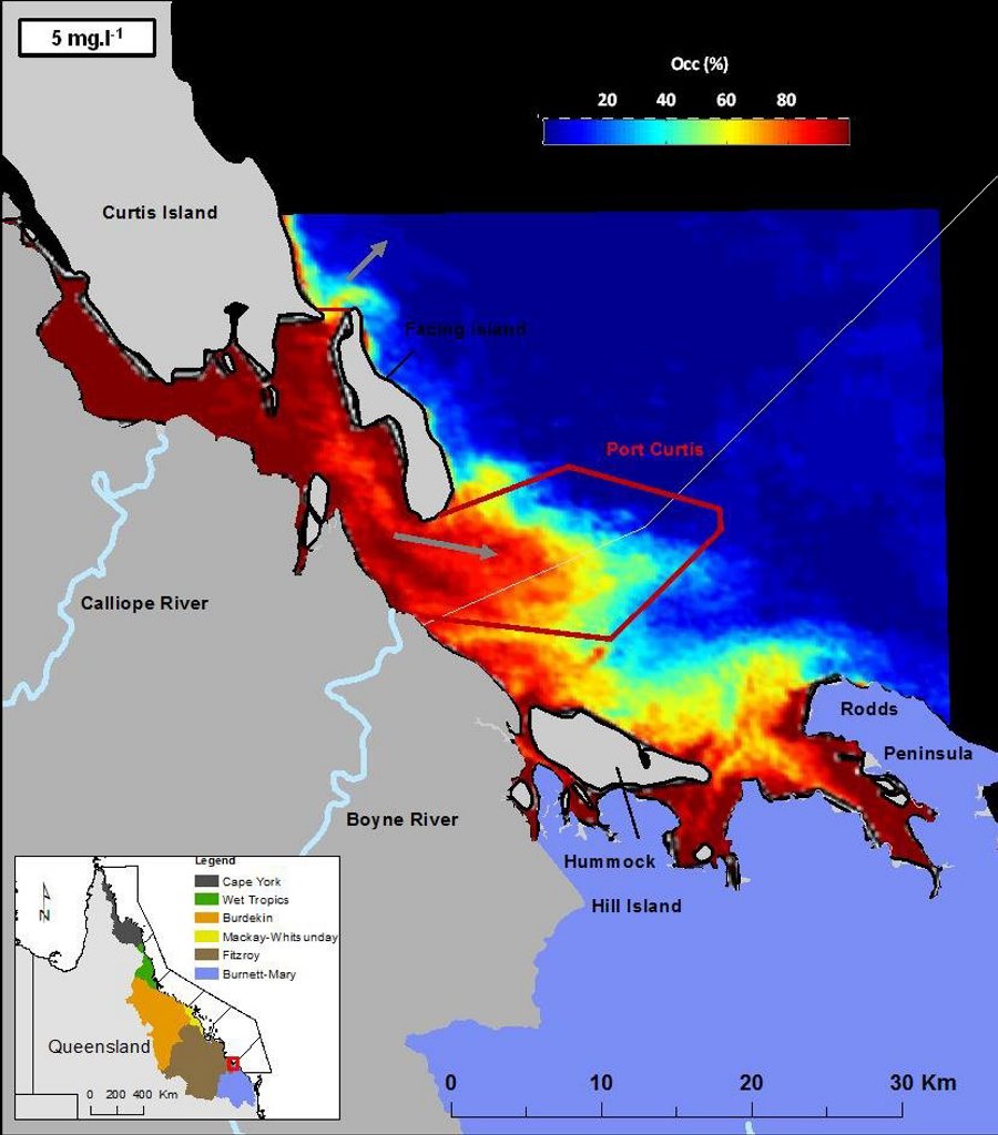 Occurrence maps corresponding to the number of times (in percentage) any given pixel of the GBR was covered by values higher than 5 mg.l-1 during the spring of 2011. Photo Contributed Occurrence maps corresponding to the number of times (in percentage) any given pixel of the GBR was covered by values higher than 5 mg.l-1 during the spring of 2011. Photo Contributed