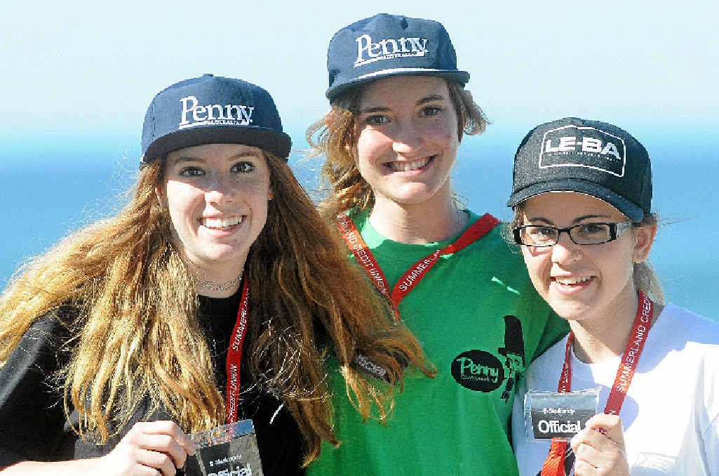 ABOVE: The officals team at the Skullcandy Oz Grom Open at Lennox Head on Saturday included, from left, Amanda Leslie of Wollongbar, Ashley Goulding of Lismore, and Rechelle Roberts of Goonellabah. ABOVE: The officals team at the Skullcandy Oz Grom Open at Lennox Head on Saturday included, from left, Amanda Leslie of Wollongbar, Ashley Goulding of Lismore, and Rechelle Roberts of Goonellabah.