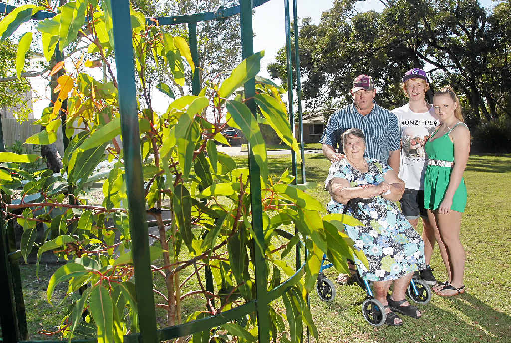PARK MEMORIAL: The family of Bali poisoning victims Noelene and Yvana Bischoff, Jean Bischoff (Noelene’s mum), Malcolm Bischoff (Noelene’s brother), and his children Logan and Grasienne, at the park in Wurtulla opposite Jean’s home where a tree has been planted in their memory. PARK MEMORIAL: The family of Bali poisoning victims Noelene and Yvana Bischoff, Jean Bischoff (Noelene’s mum), Malcolm Bischoff (Noelene’s brother), and his children Logan and Grasienne, at the park in Wurtulla opposite Jean’s home where a tree has been planted in their memory.