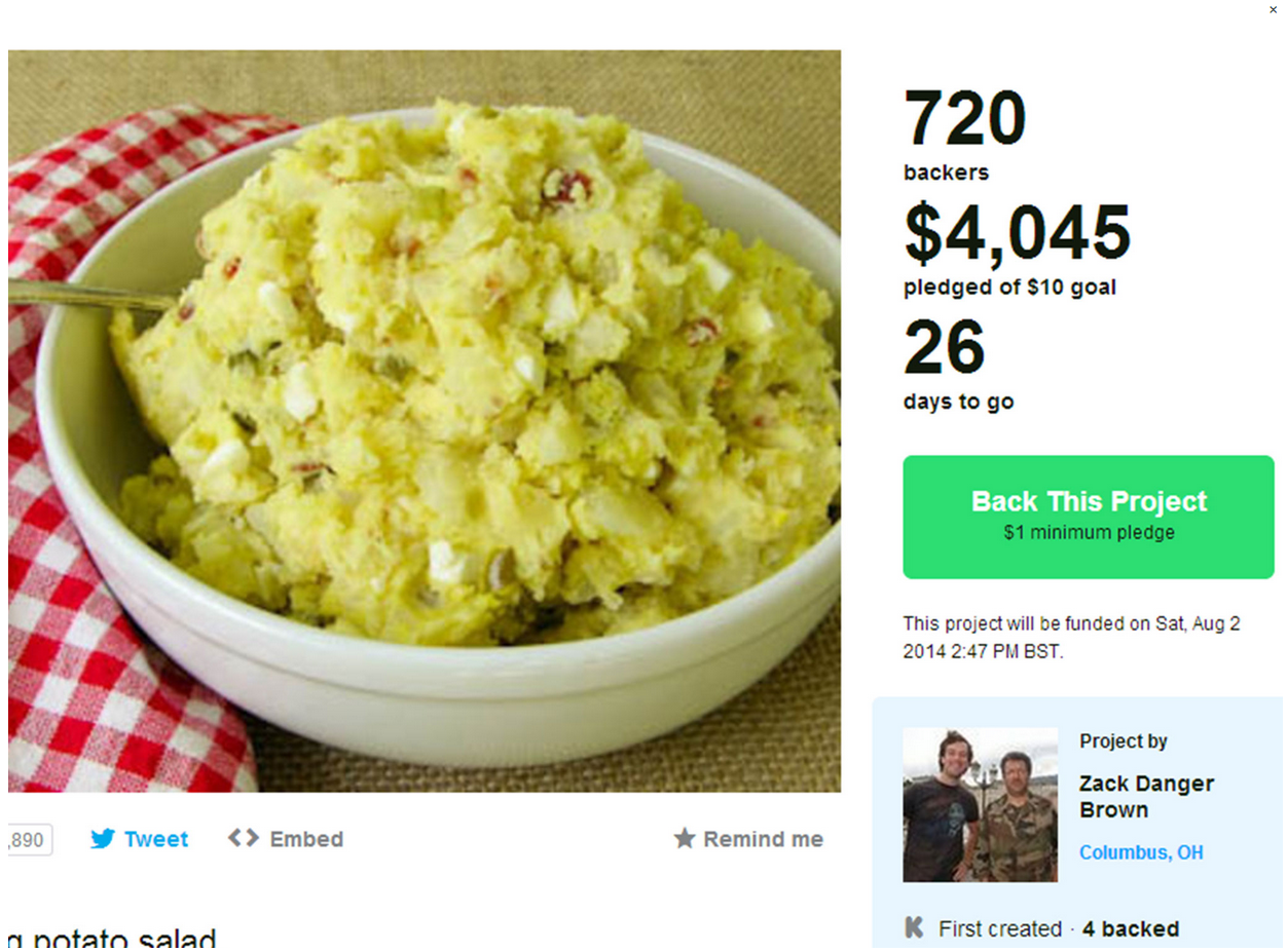 Man raises $4000 on Kickstarter after asking for $10 to make potato salad Man raises $4000 on Kickstarter after asking for $10 to make potato salad