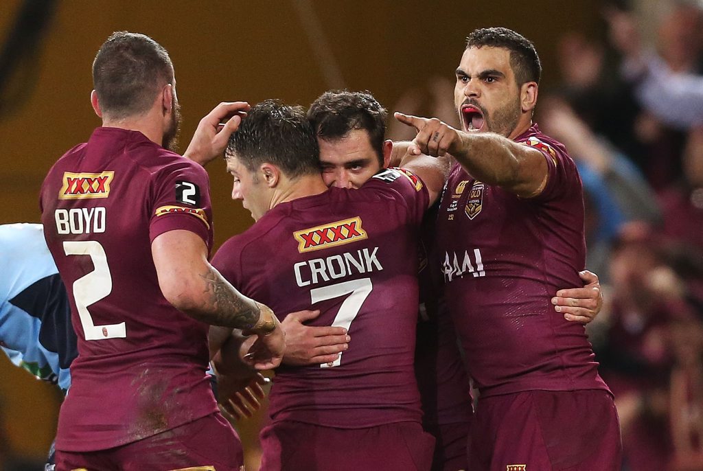 Cameron Smith of the Maroons celebrates scoring a try with team mates Greg Inglis, Cooper Cronk and Darius Boyd during game three of the State of Origin series between the Queensland Maroons and the New South Wales Blues at Suncorp Stadium on July 9, 2014 in Brisbane, Australia. (Photo by Mark Metcalfe/Getty Images) Cameron Smith of the Maroons celebrates scoring a try with team mates Greg Inglis, Cooper Cronk and Darius Boyd during game three of the State of Origin series between the Queensland Maroons and the New South Wales Blues at Suncorp Stadium on July 9, 2014 in Brisbane, Australia. (Photo by Mark Metcalfe/Getty Images)