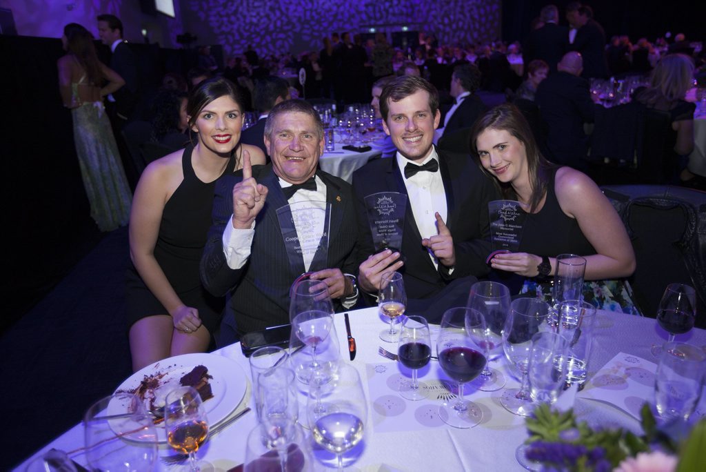 WINNERS: Wine maker Mike Hayes and assistant wine maker Tom Battle celebrate the three trophy victory with Bridie Bush (left) and sister Charlotte Bush. WINNERS: Wine maker Mike Hayes and assistant wine maker Tom Battle celebrate the three trophy victory with Bridie Bush (left) and sister Charlotte Bush.