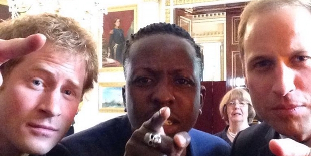 Harry, with Jamal Edwards and William (right) get involved with a Twitter Mirror at Buckingham Palace. Harry, with Jamal Edwards and William (right) get involved with a Twitter Mirror at Buckingham Palace.