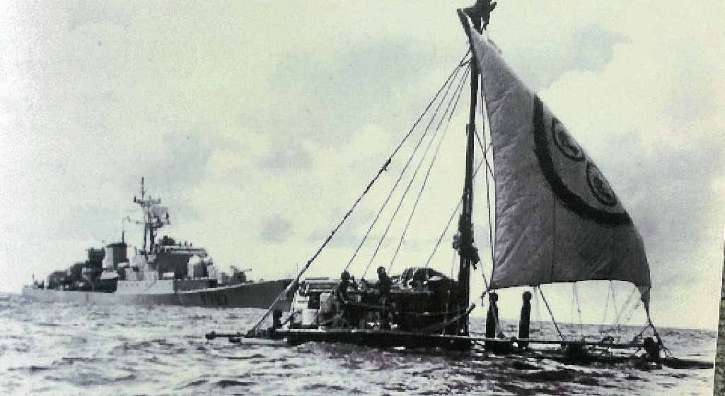 A French navy destroyer near one of the Las Balsas rafts on their voyage to Ballina in 1973. A French navy destroyer near one of the Las Balsas rafts on their voyage to Ballina in 1973.