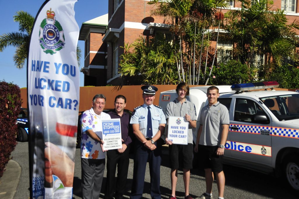 A community initiative rolled out by Gladstone welfare and community organisations are imploring Gladstone vehicle owners to lock up. Crimestoppers Chairperson Bruce Crozier, Deputy Mayor Matt Burnett, Inspector Darren Somerville and Print & Sign Newsprint HRG employees Ben Hughes and Bentley Donges. A community initiative rolled out by Gladstone welfare and community organisations are imploring Gladstone vehicle owners to lock up. Crimestoppers Chairperson Bruce Crozier, Deputy Mayor Matt Burnett, Inspector Darren Somerville and Print & Sign Newsprint HRG employees Ben Hughes and Bentley Donges.