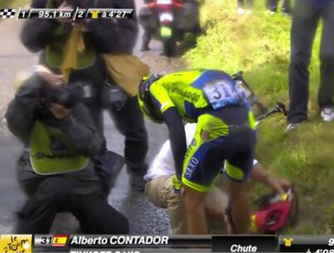 Contador crashes on stage 10, and is forced to abandon his campaign Contador crashes on stage 10, and is forced to abandon his campaign
