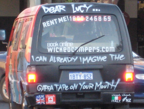 A photo of a Wicked van painted to intimidate for Byron Bay journalist Lucy Clark. A photo of a Wicked van painted to intimidate for Byron Bay journalist Lucy Clark.