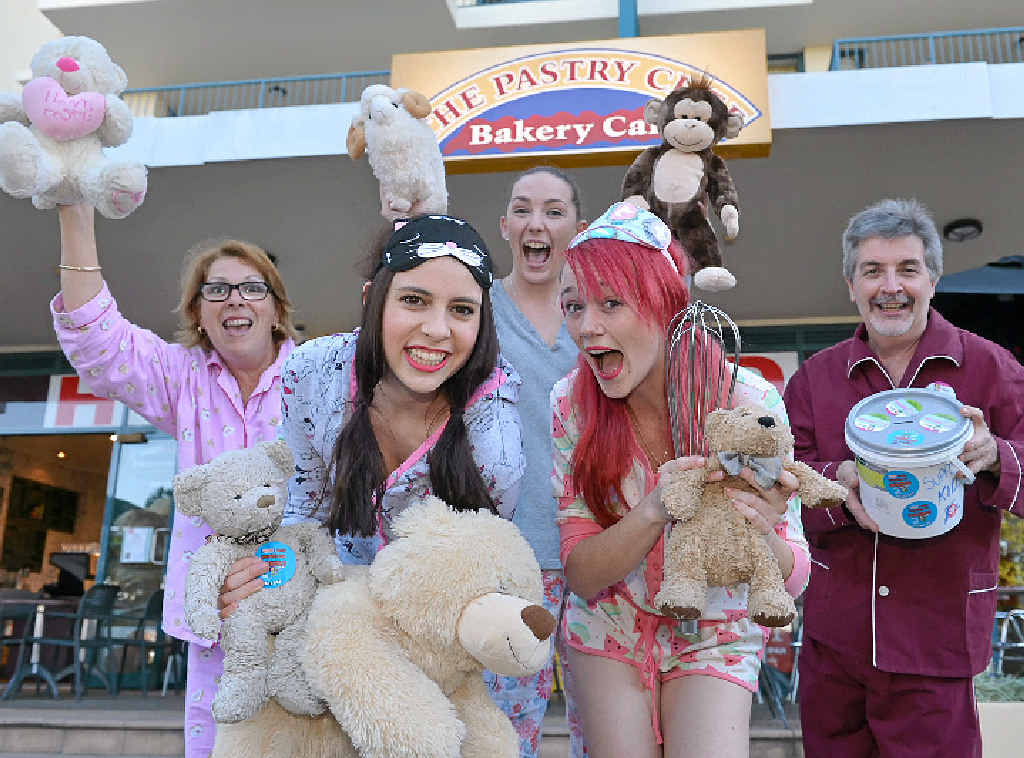 GOOD CAUSE: Bruna Price, Tiffani Prasad, Morgan Whitlock, Amy Armstrong and Barry Lusa of The Pastry Chef at Alexandra Headland are dressed in pyjamas. GOOD CAUSE: Bruna Price, Tiffani Prasad, Morgan Whitlock, Amy Armstrong and Barry Lusa of The Pastry Chef at Alexandra Headland are dressed in pyjamas.