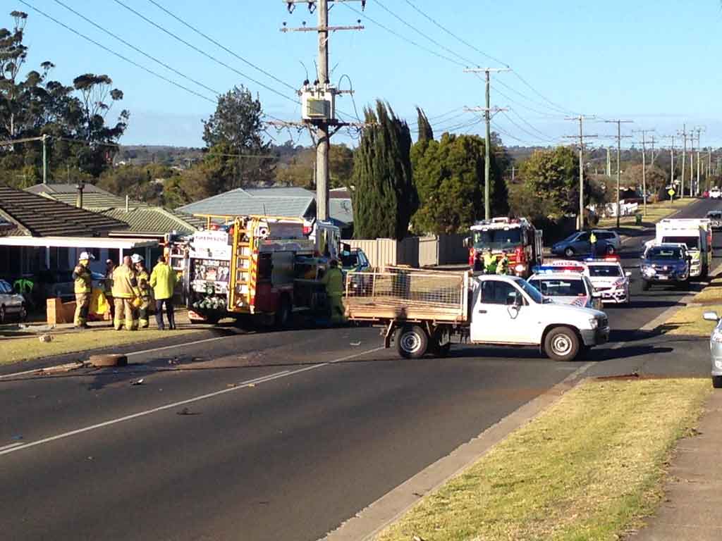 Emergency services at the scene of a serious traffic crash in Tor St, Wilsonton Heights. Emergency services at the scene of a serious traffic crash in Tor St, Wilsonton Heights.