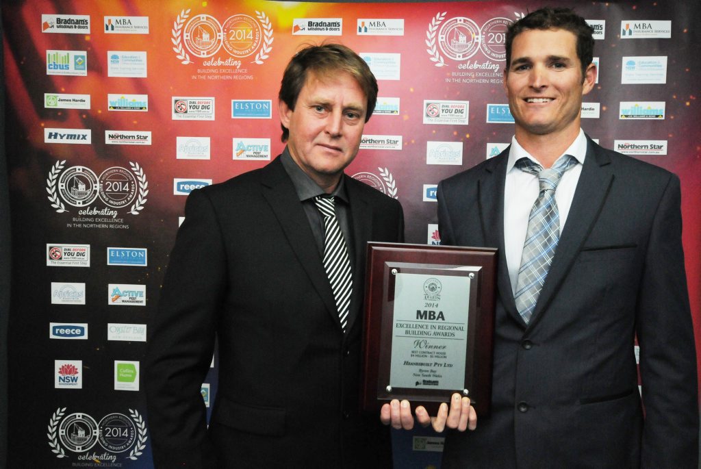 Image for sale: Ian Heanes, and Luke Harris from Heanesbuilt Pty Ltd Byron Bay took out best contract house $4 Million - $5 Million at the 2014 Northern Regions Building Awards on Saturday night at the Ballina RSL club. Photo Doug Eaton / The Northern Star