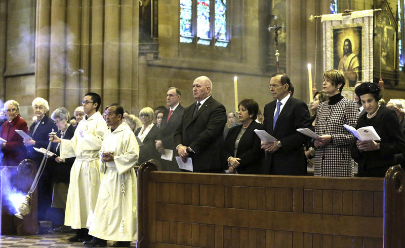 From right: New South Wales Governor Marie Bashir, Margie Abbott, Australia's Prime Minister Tony Abbott, Lady Lynne Cosgrove and Governor General Sir Peter Cosgrove attend a mass at St. Mary's Cathedral commemorating victims of Malaysia Airlines Flight 17, in Sydney, Australia, Sunday, July 20, 2014. From right: New South Wales Governor Marie Bashir, Margie Abbott, Australia's Prime Minister Tony Abbott, Lady Lynne Cosgrove and Governor General Sir Peter Cosgrove attend a mass at St. Mary's Cathedral commemorating victims of Malaysia Airlines Flight 17, in Sydney, Australia, Sunday, July 20, 2014.