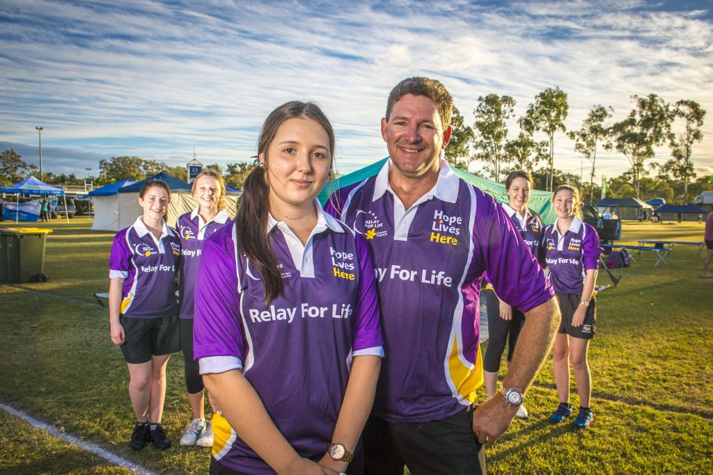 Annaliese McGuire, with her father Joe, and Relay for Life Gladstone team, Jillian Spencer, Tameeka Whitmore, Courtney Hamilton and Eliza McGuire. Photo Luka Kauzlaric / The Observer Annaliese McGuire, with her father Joe, and Relay for Life Gladstone team, Jillian Spencer, Tameeka Whitmore, Courtney Hamilton and Eliza McGuire. Photo Luka Kauzlaric / The Observer