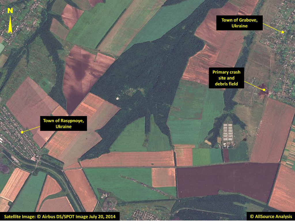 In this annotated photo, dated Sunday, July 20, 2014, provided by Airbus DS/AllSource Analysis, a satellite image shows the primary crash site, at top right, of Malaysia Airlines Flight 17 located near Hrabove, eastern Ukraine. In this annotated photo, dated Sunday, July 20, 2014, provided by Airbus DS/AllSource Analysis, a satellite image shows the primary crash site, at top right, of Malaysia Airlines Flight 17 located near Hrabove, eastern Ukraine.