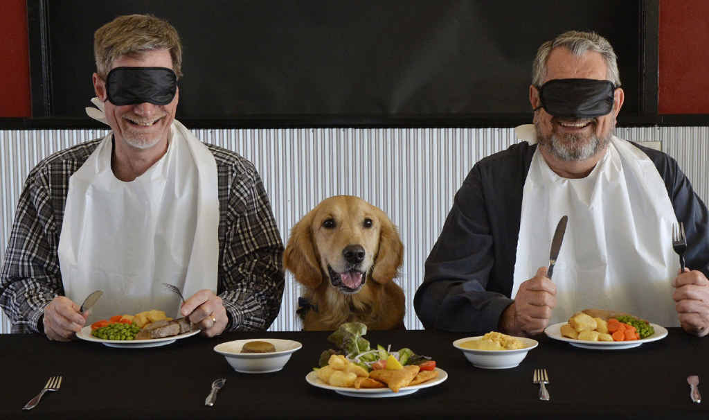 NOT EASY: Ian Brown, Saxon the guide dog and Bill Vierveyzer promote Dining in the Dark to raise money for Guide Dogs NOT EASY: Ian Brown, Saxon the guide dog and Bill Vierveyzer promote Dining in the Dark to raise money for Guide Dogs