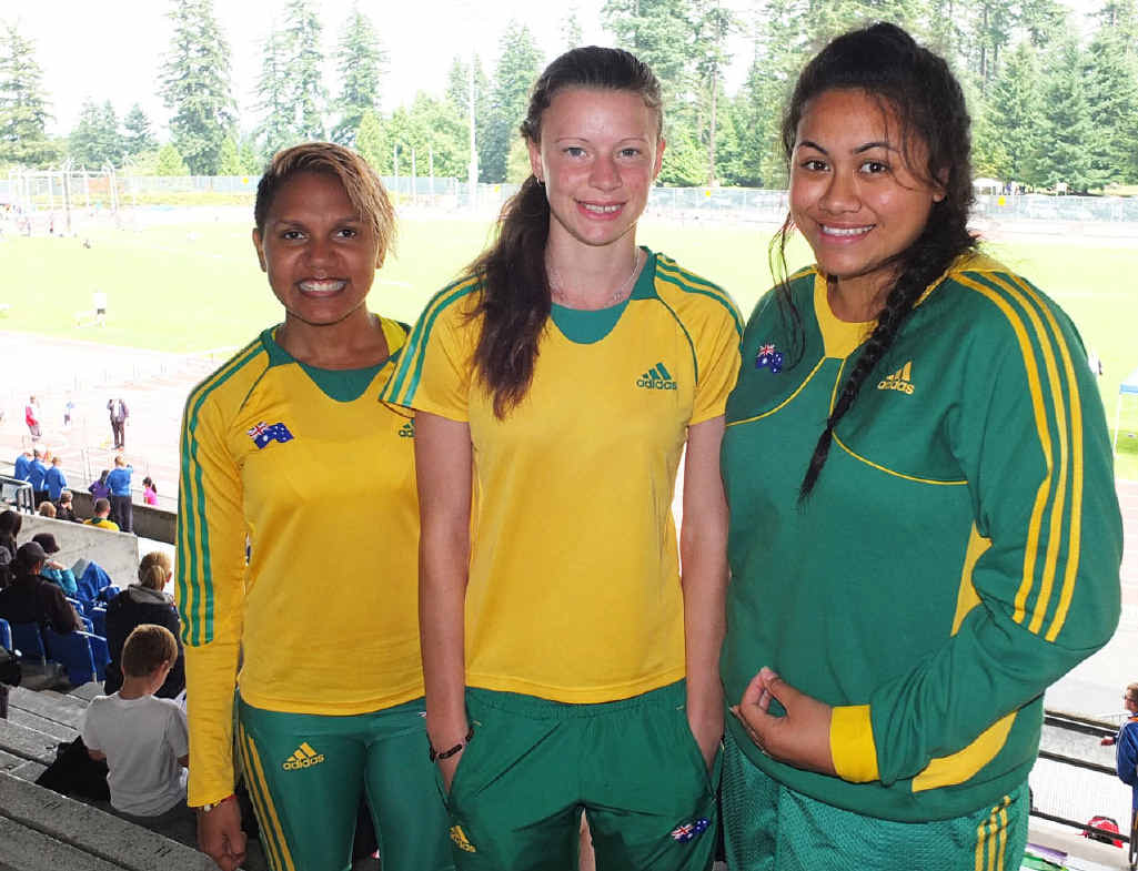 TERRIFIC TRIO: Ipswich and District Athletic Club competitors (from left) Larissa Chambers, Cassie Purdon and Filoi Aokuso during their recent overseas competition representing Australia. TERRIFIC TRIO: Ipswich and District Athletic Club competitors (from left) Larissa Chambers, Cassie Purdon and Filoi Aokuso during their recent overseas competition representing Australia.