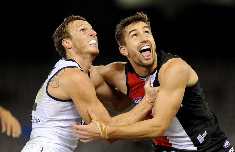 Jonathon Griffin of Fremantle and Billy Longer of St Kilda contest for the ball, during the Round 18 AFL match between the St Kilda Saints and Fremantle Dockers at Etihad stadium in Melbourne, Saturday, July 19, 2014. Jonathon Griffin of Fremantle and Billy Longer of St Kilda contest for the ball, during the Round 18 AFL match between the St Kilda Saints and Fremantle Dockers at Etihad stadium in Melbourne, Saturday, July 19, 2014.